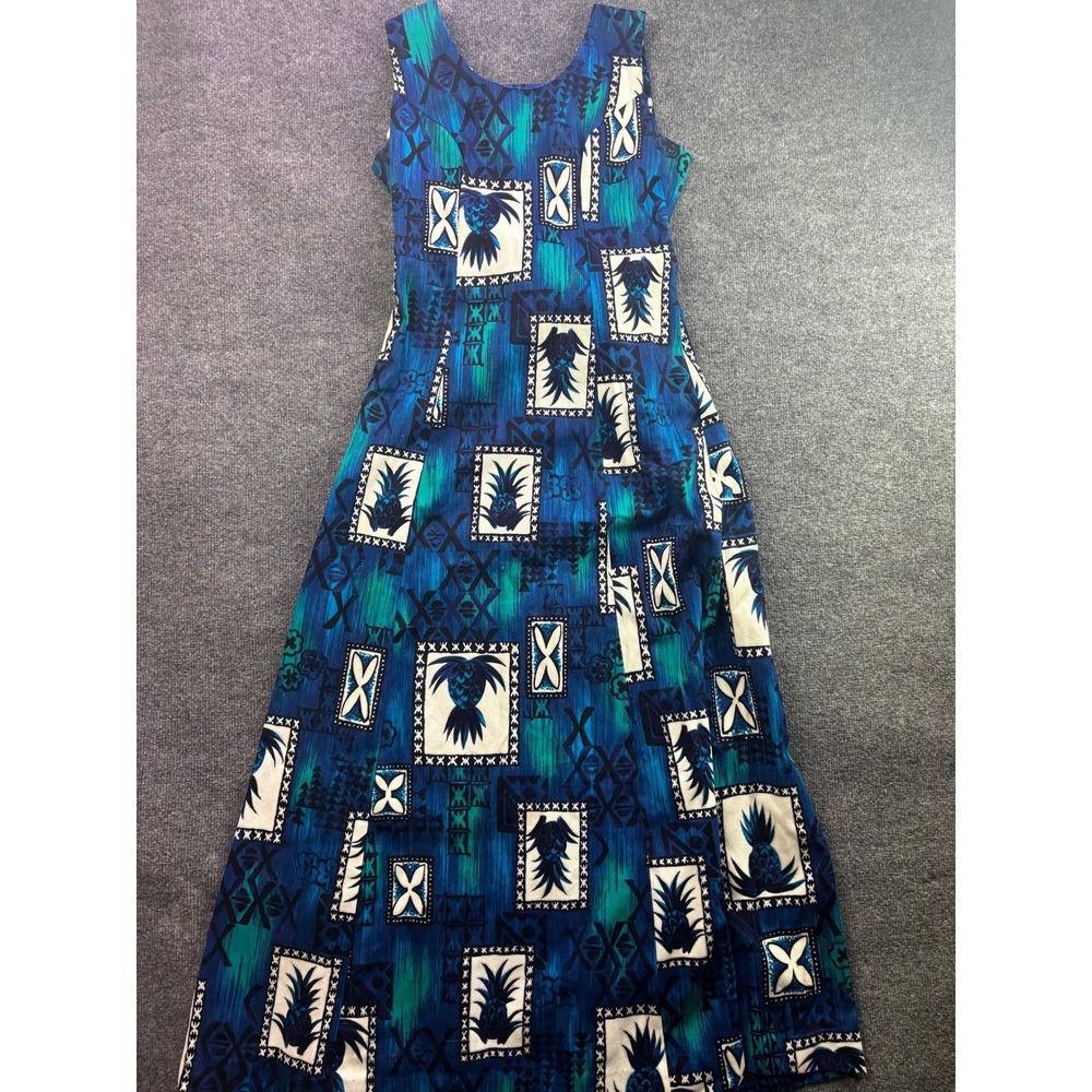 Hukilau Fashions Maxi Dress Womens 8 Blue Pineapple Tiki Print Vintage Cotton